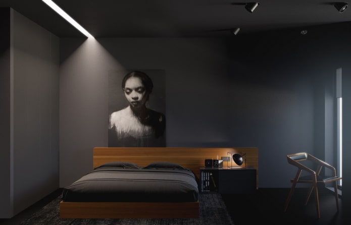 chambre dans des tons noirs dans le style du minimalisme