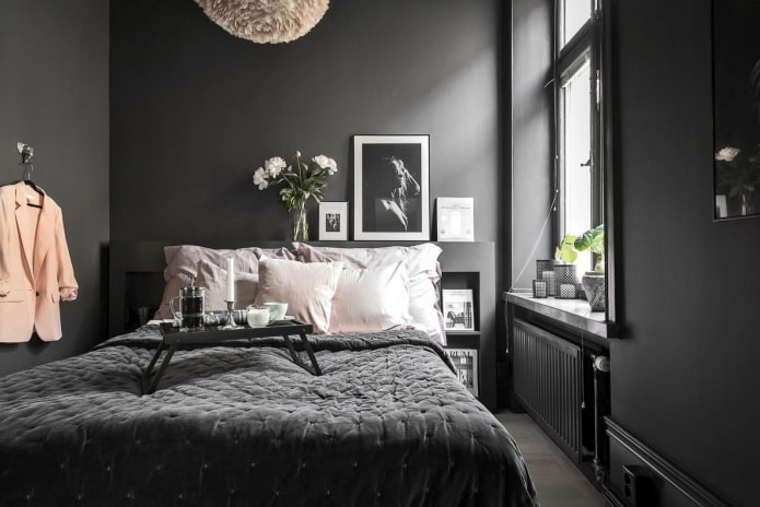 déco et éclairage de la chambre dans les tons noirs