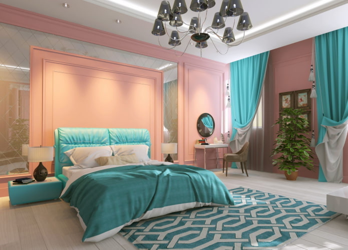 intérieur de la chambre aux couleurs rose et turquoise