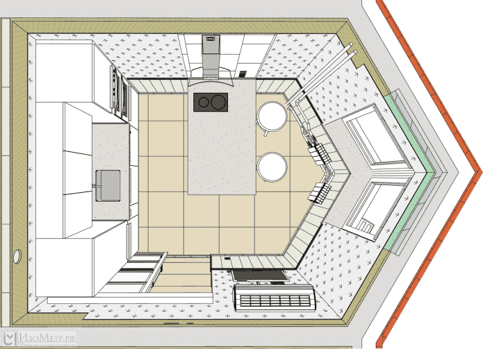 aménagement de la cuisine avec une baie vitrée triangulaire