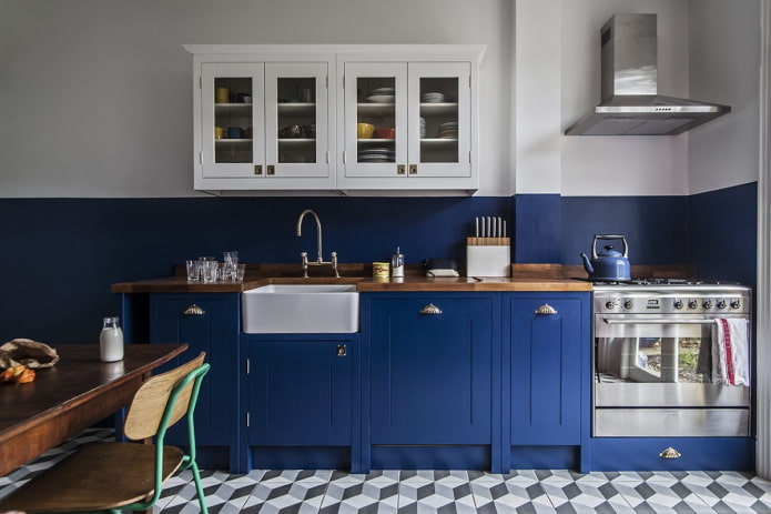 intérieur de cuisine en bleu et blanc