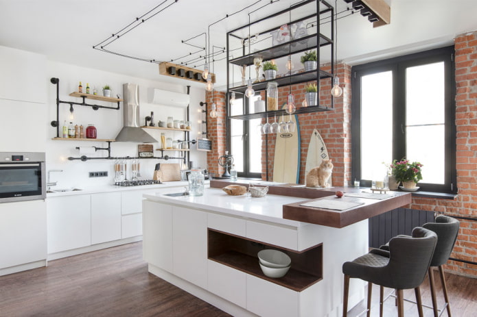 îlot à l'intérieur d'une cuisine de style loft