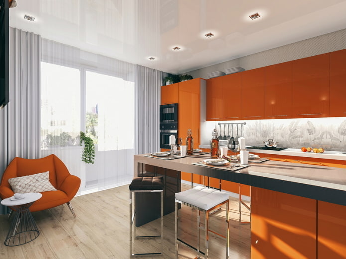 rideaux à l'intérieur de la cuisine dans les tons orange