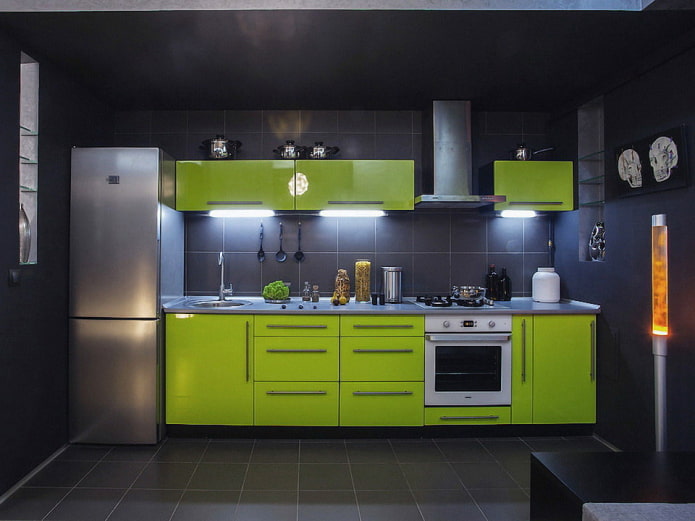 intérieur de cuisine aux couleurs noir et vert clair