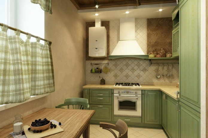 intérieur de cuisine dans les tons beige et vert