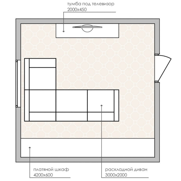 schéma d'aménagement d'un petit salon avec un canapé d'angle