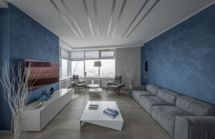 intérieur du salon dans les tons gris-bleu