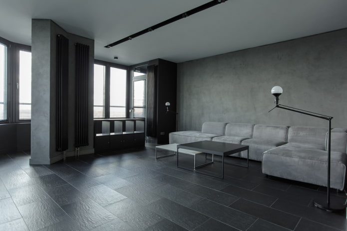 intérieur d'un salon gris dans le style du minimalisme