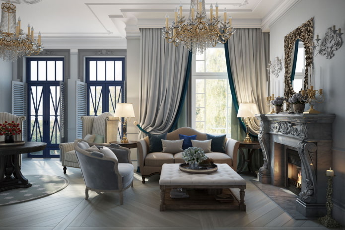 intérieur de salon gris dans un style classique