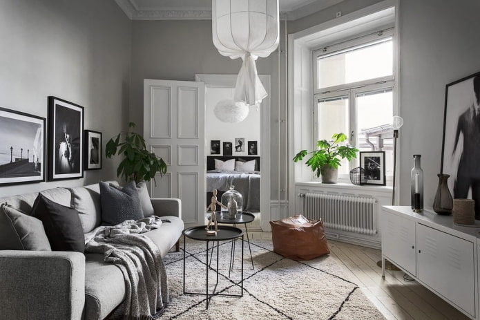 intérieur d'un salon gris dans un style scandinave