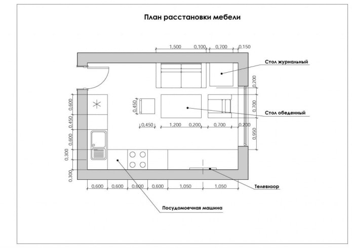 layout ng kusina-sala na may sukat na 12 mga parisukat