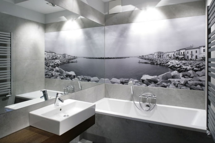 petite salle de bain avec photos murales