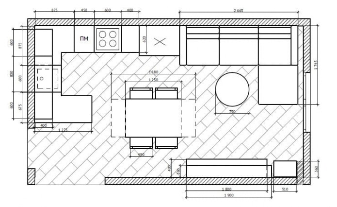 plan cuisine-salon rectangulaire