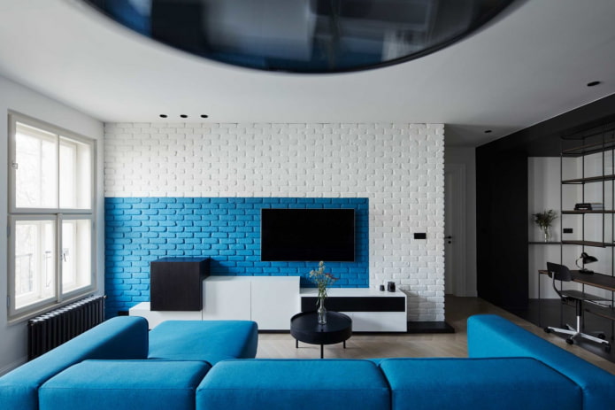 salon intérieur blanc et bleu