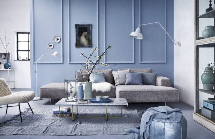 intérieur du salon gris-bleu