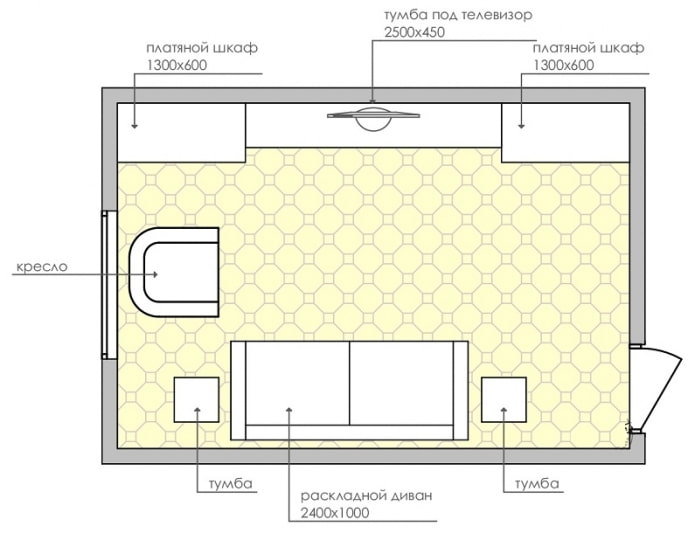 Layout ng isang hugis-parihaba na sala