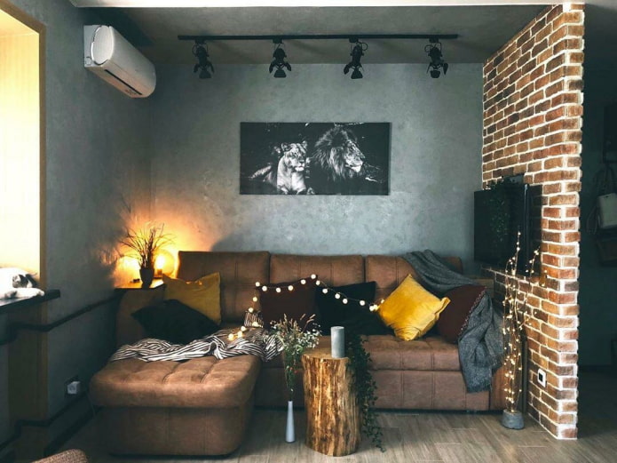 salon dans un loft de style Khrouchtchev