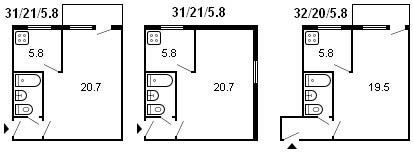 layout ng 1-silid Khrushchev, serye 434, 1964