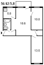 layout ng isang 3-silid na gusaling Khrushchev, serye 434, 1958