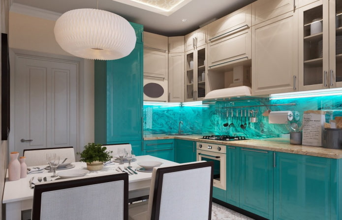 conception de cuisine aux couleurs beige et turquoise