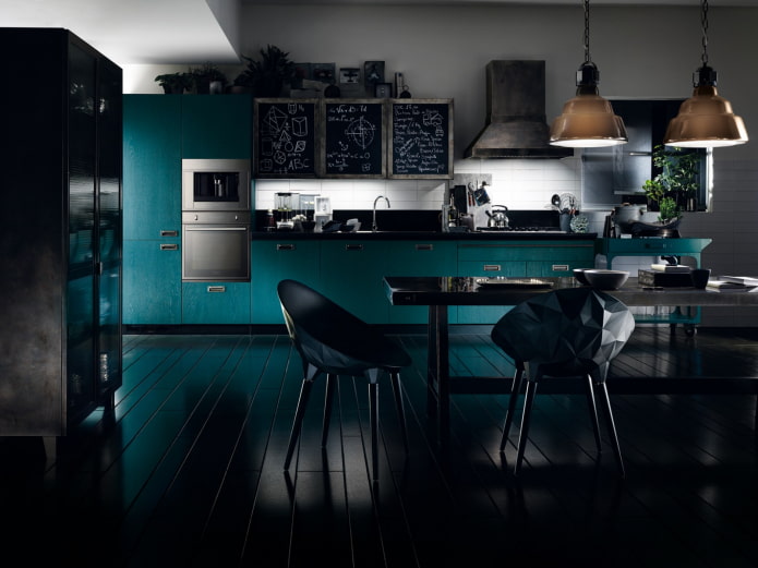 intérieur de cuisine aux couleurs noir et turquoise