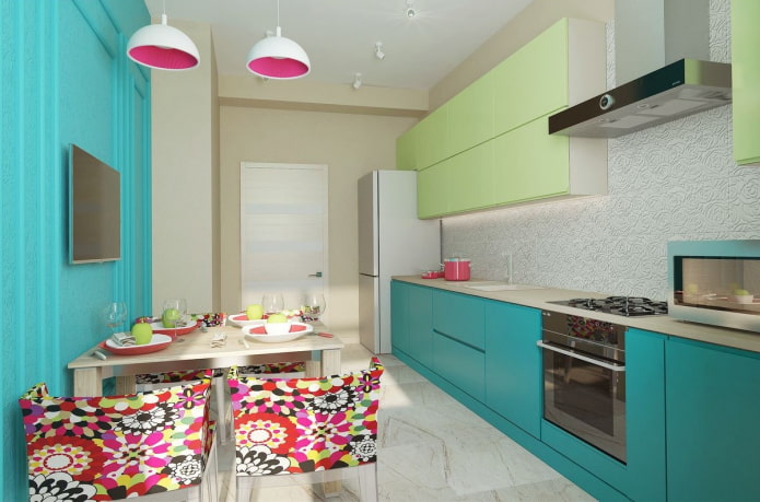 cuisine aux couleurs turquoise avec des accents lumineux