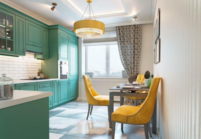 cuisine aux couleurs turquoise avec des accents lumineux