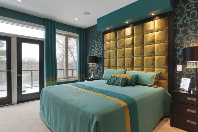 chambre à coucher marron turquoise intérieur