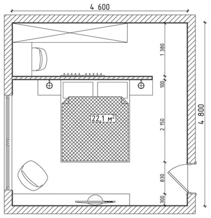 plan de la chambre 22 carrés