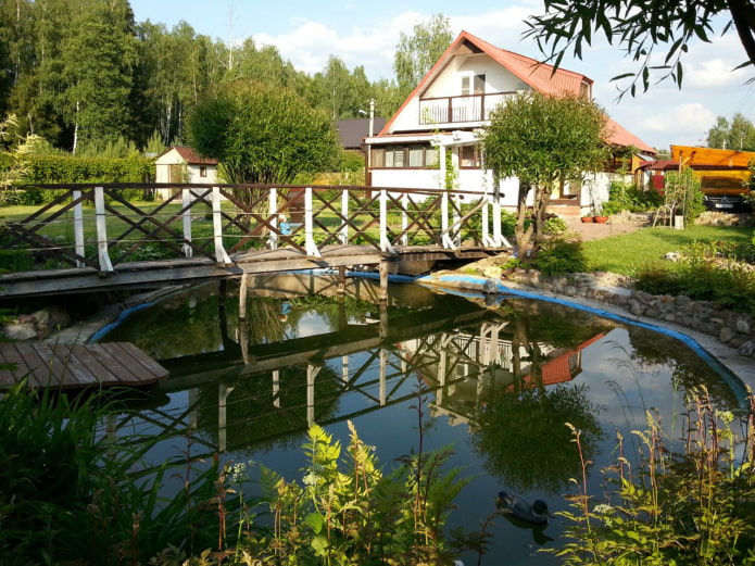 Terrain avec étang et pont