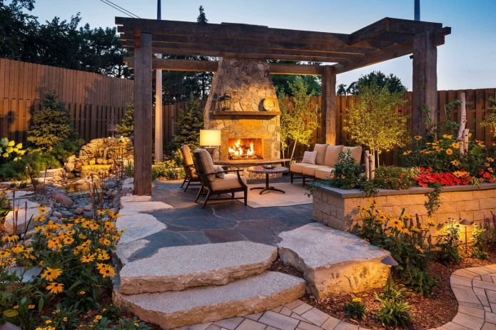 terrasse avec poêle à la campagne