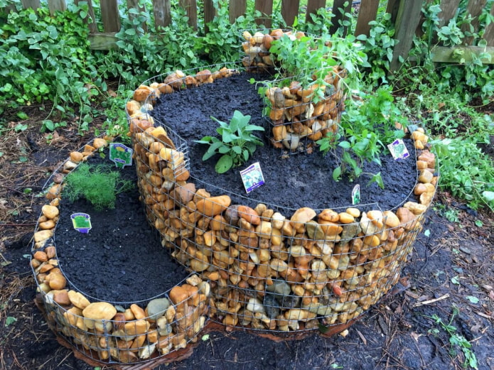 parterre de fleurs à deux niveaux avec une bordure en pierre dans un cadre en fil de fer