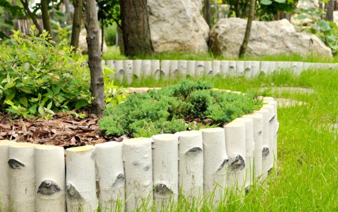 une bordure pour un jardin de fleurs en pieux de bouleau