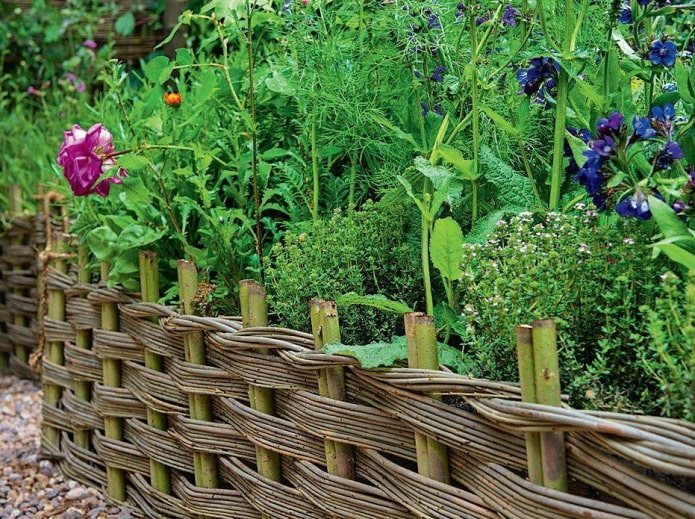 une clôture faite de brindilles minces pour un jardin fleuri