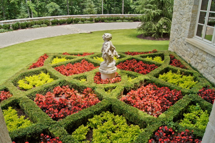 parterre de fleurs bouclés avec une haie rectangulaire