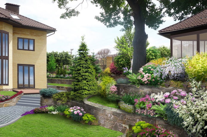 jardin fleuri à plusieurs niveaux dans une maison de campagne