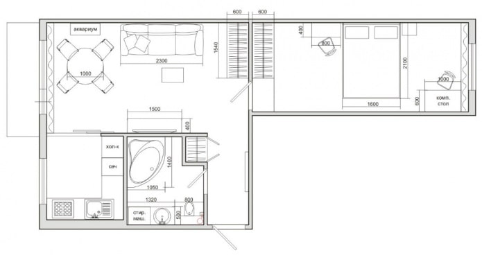 layout sa isang dalawang-silid Khrushchev 44 sq. m