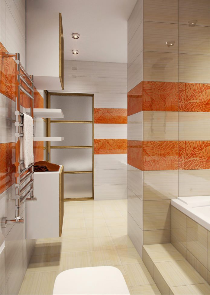 salle de bain blanche et orange dans la conception d'un appartement de 58 m². m.