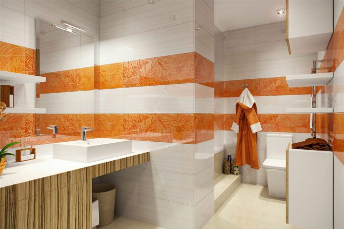 salle de bain blanche et orange dans la conception d'un appartement de 58 m². m.