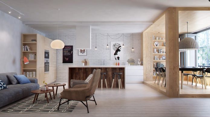 Brique à l'intérieur du salon dans le style scandinave