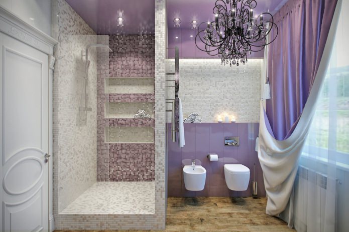 salle de bain avec douche dans les tons lilas