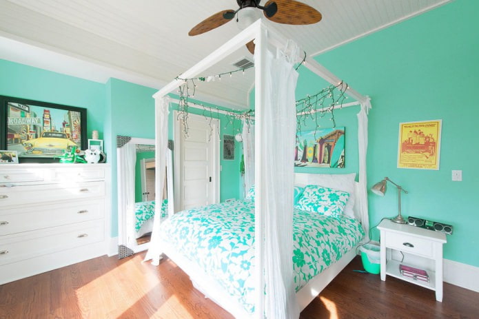 chambre blanche et turquoise