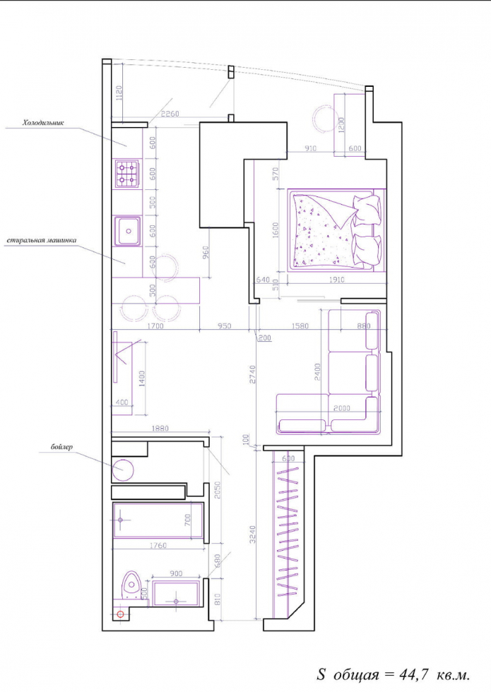 agencement d'un T1 45 m². m.