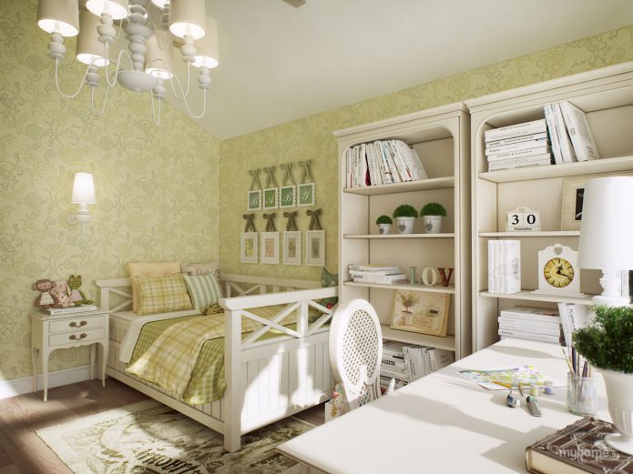 chambre d'enfant dans un style campagnard dans des tons verts