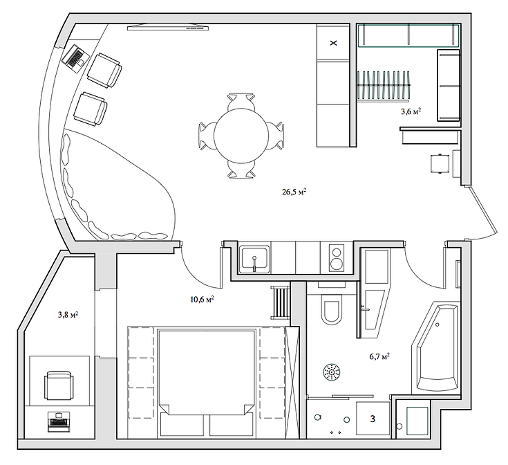 Layout ng isang malikhaing apartment na 47 sq. m