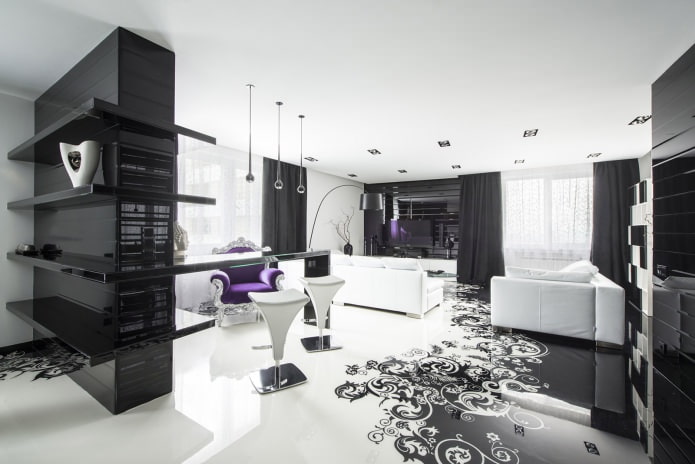 intérieur noir et blanc de la pièce avec ajout de violet