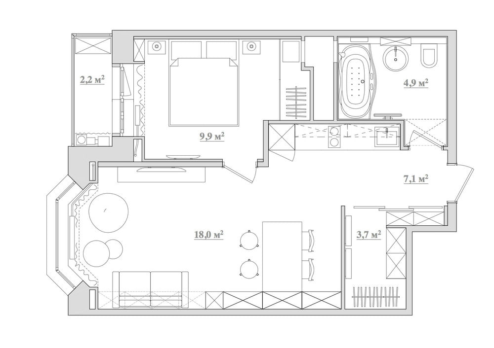 agencement d'un deux pièces 43 m². m.