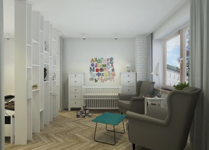 chambre avec une pépinière dans la conception d'un appartement de 65 m². m.