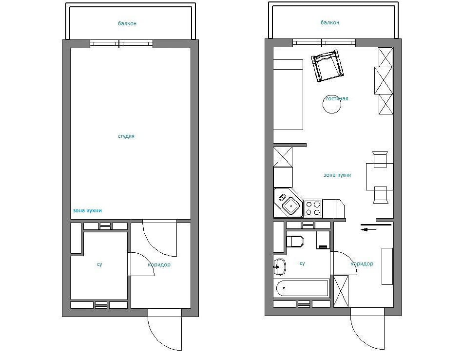 stúdió apartman kialakításának elrendezése 28 nm. m.