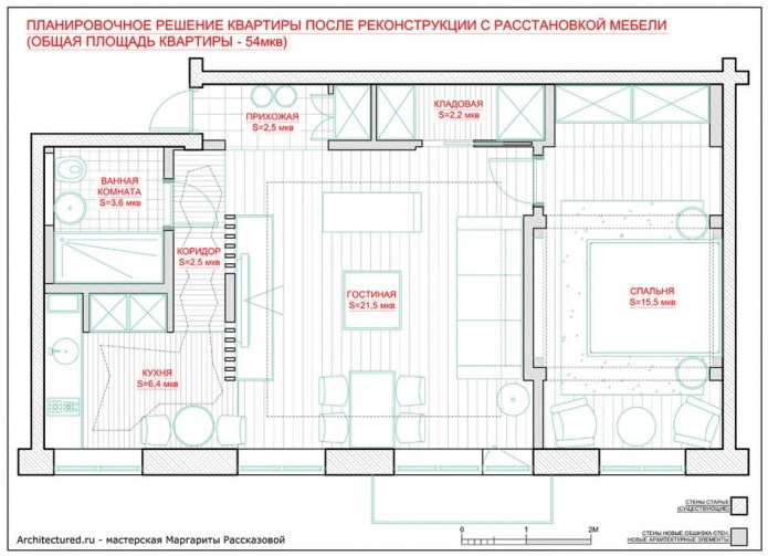 La disposition de l'appartement est de 54 m². m.